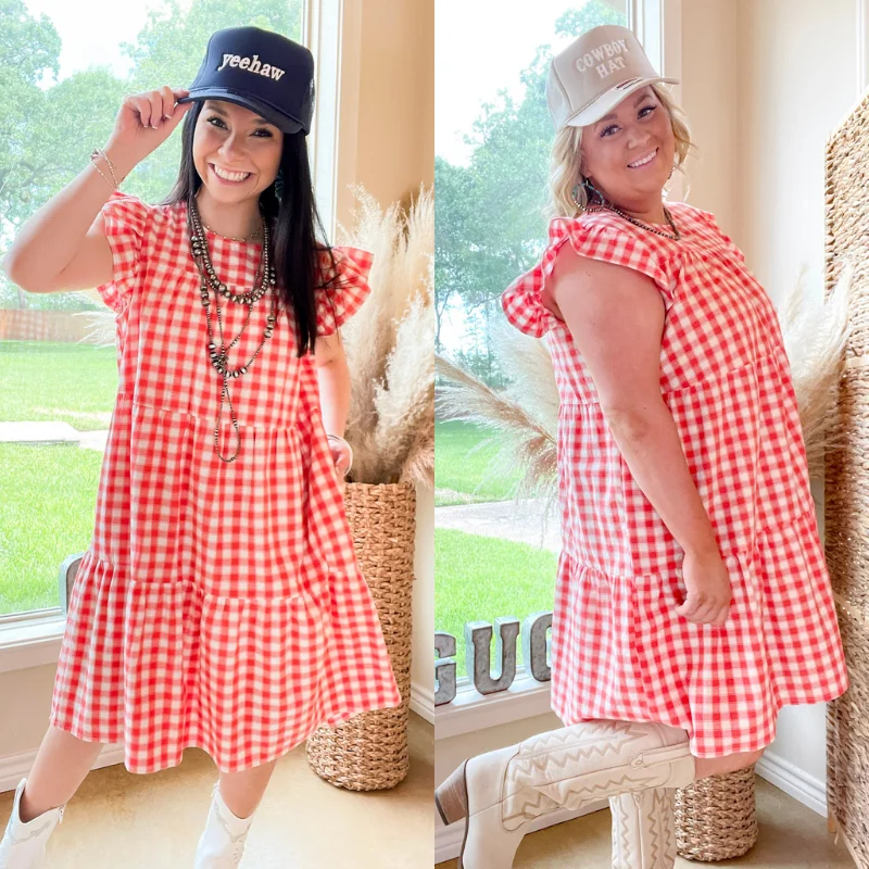 Mini dress with gingham print-Sunny Pier Gingham Dress with Ruffle Cap Sleeves in Coral Red and White