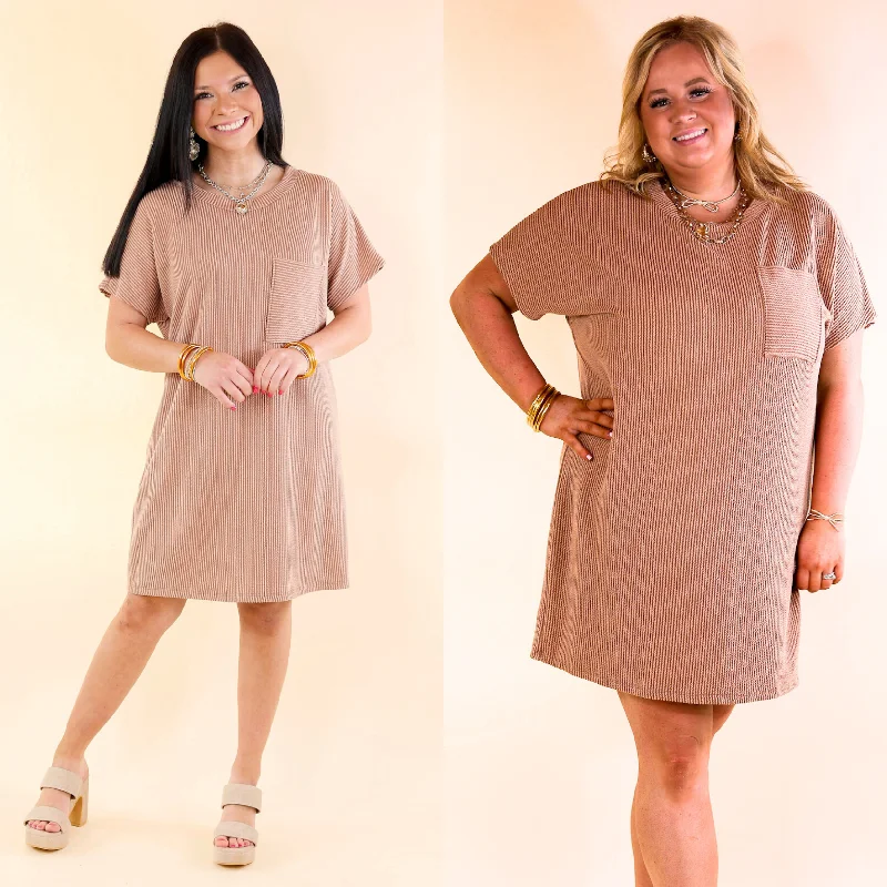 Mini dress with drawstring waist-Coffee and Carefree Ribbed Short Sleeve Dress with Front Pocket in Acorn Brown