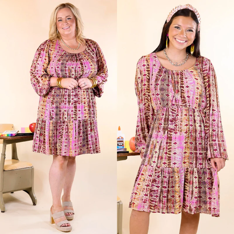 Mini dress with retro style-Sweetest Anticipation Long Sleeve Dress with Tiered Hem in Brown Multi