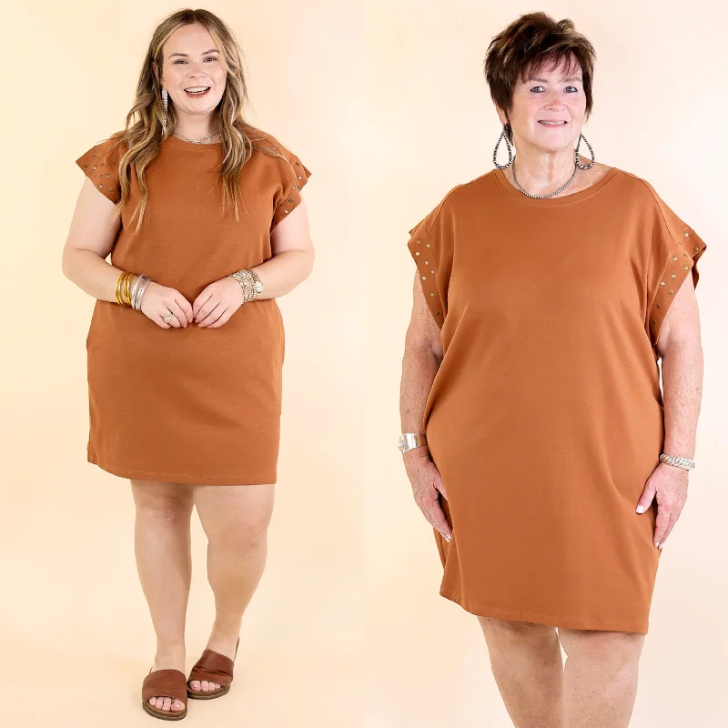 Mini dress with illusion sleeves-Graceful Glimpse Dress with Gold Stud Detail in Brown