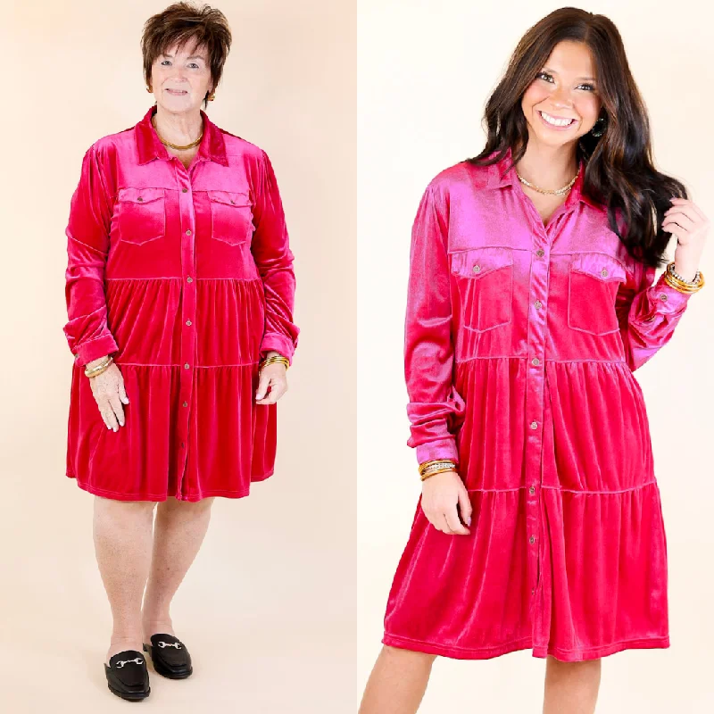 Mini dress with drawstring waist-Grateful Gathering Velvet Button Up Dress with Long Sleeves in Raspberry Pink