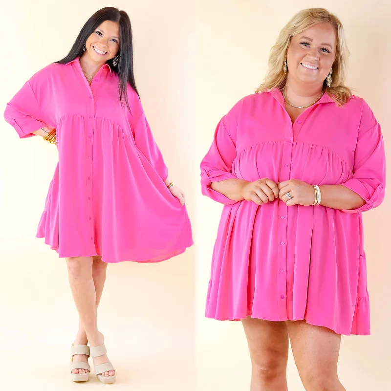 Mini dress with oversized fit-Risky Business Button Up Babydoll Dress in Pink