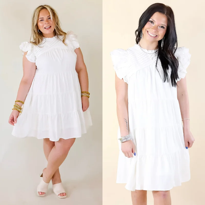 Mini dress with modern design-Chic On Scene Ruffle Tiered Dress with Pleated Detailing in White