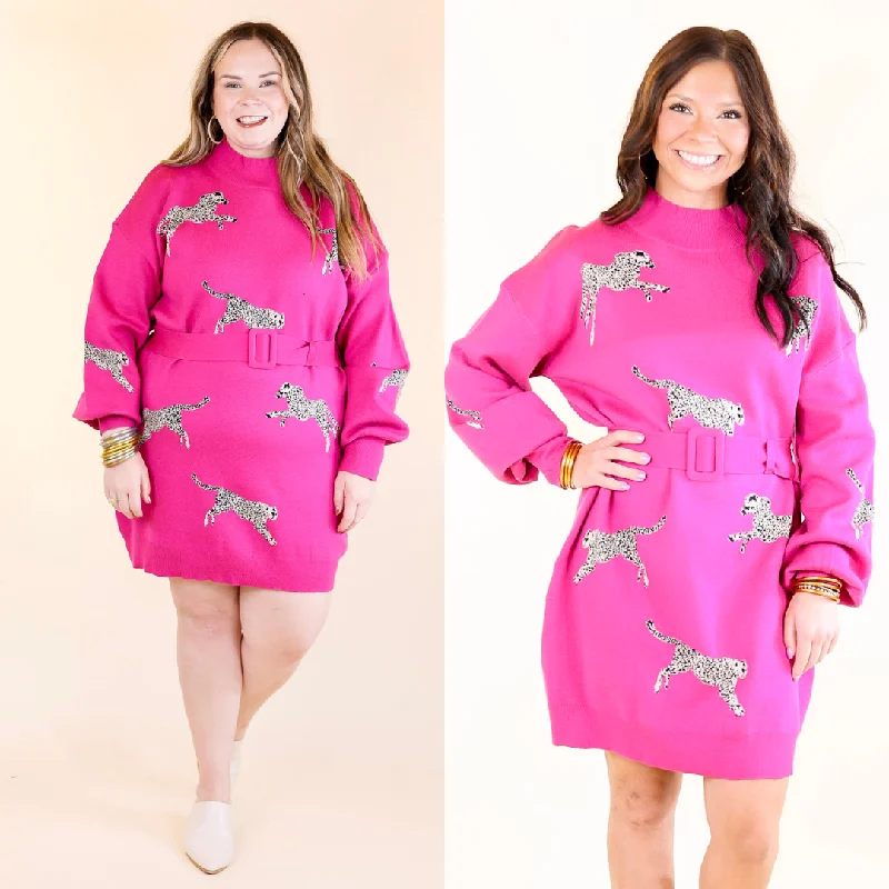 Mini dress with animal print-Luxurious Life Animal Print Sweater Dress with Belt in Hot Pink