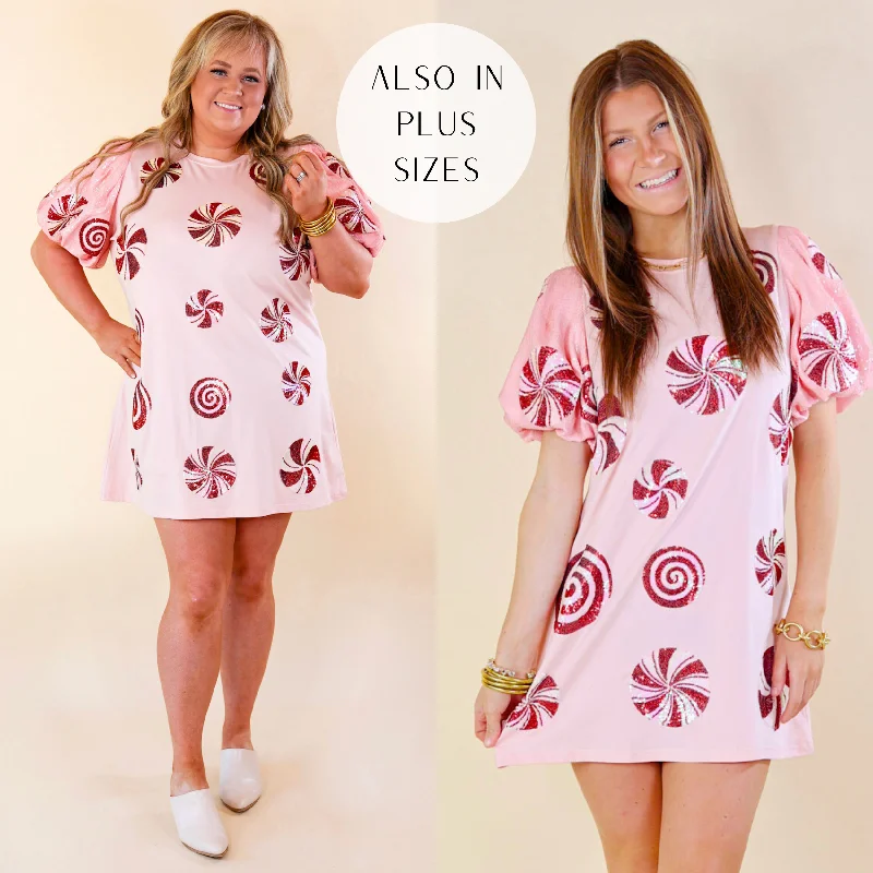 Mini dress with iridescent finish-Queen Of Sparkles | Sequin Peppermint Short Balloon Sleeve Graphic Dress in Light Pink