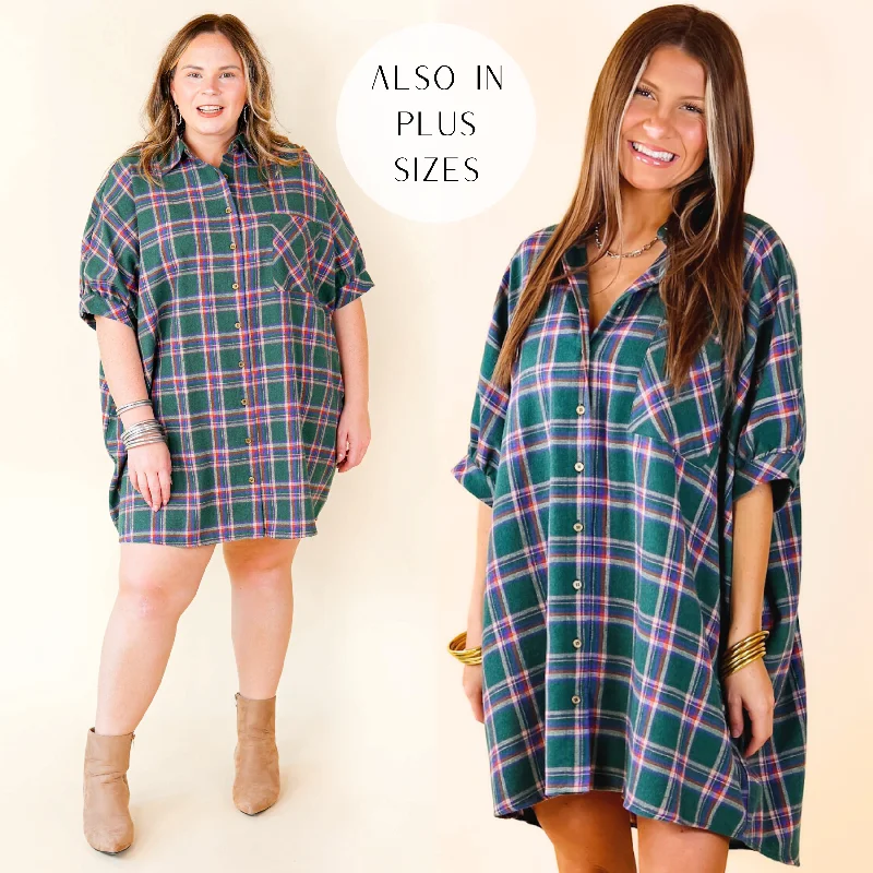 Mini dress with polka dots-Cozy And Kind Button Up Plaid Dress in Green