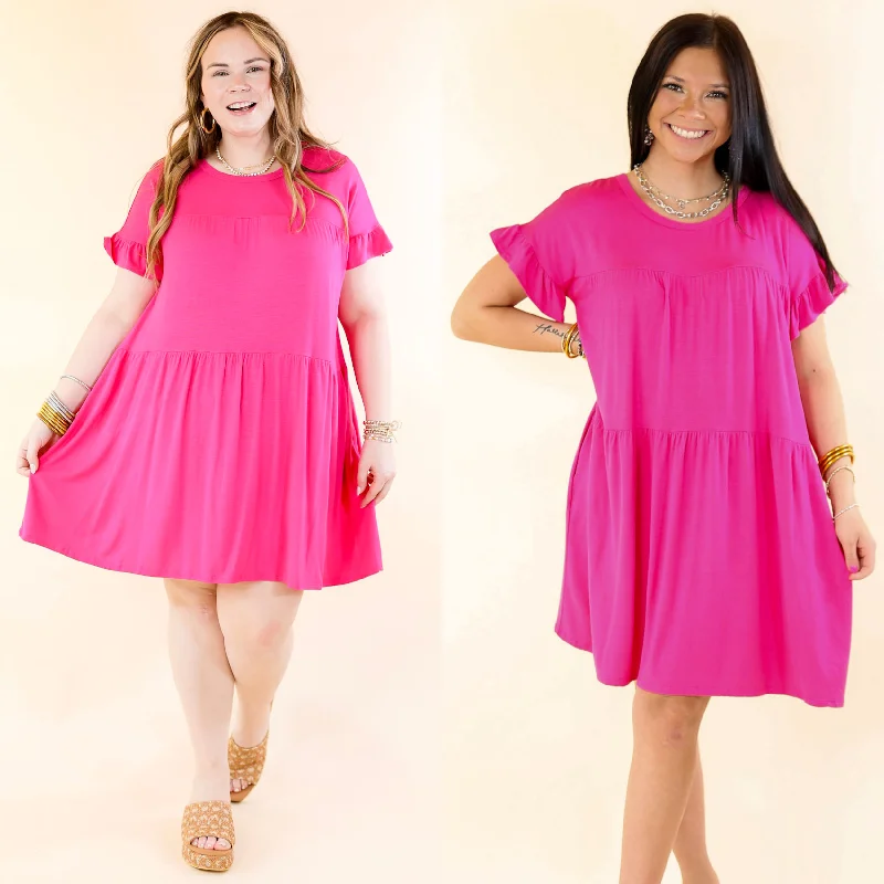 Mini dress for beach vacation-Gorgeous Girly Ruffle Sleeve Tiered Dress in Fuchsia Pink