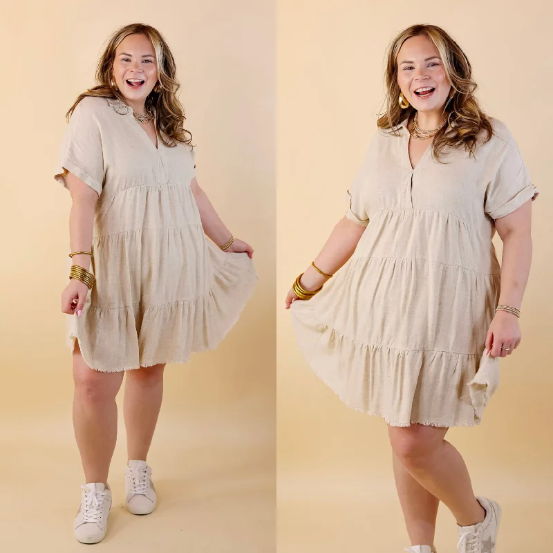 Mini dress with cap sleeves-Last Chance Size Small, Medium & XL | Taos Transitions Ruffle Tiered Collared Dress with Frayed Hem in Beige