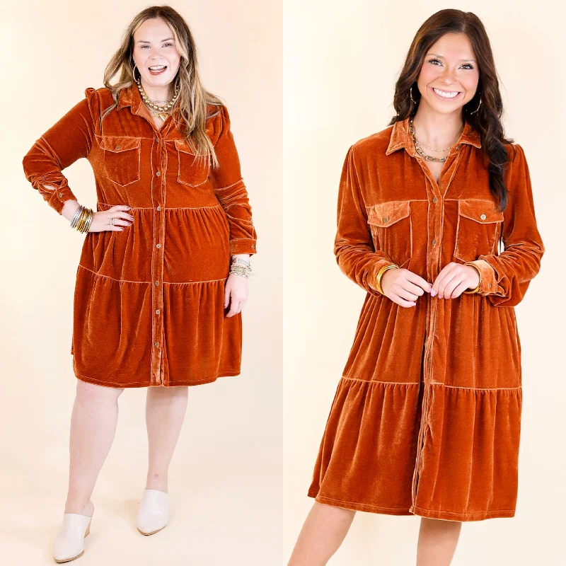 Mini dress with cowl neck-Grateful Gathering Velvet Button Up Dress with Long Sleeves in Burnt Orange