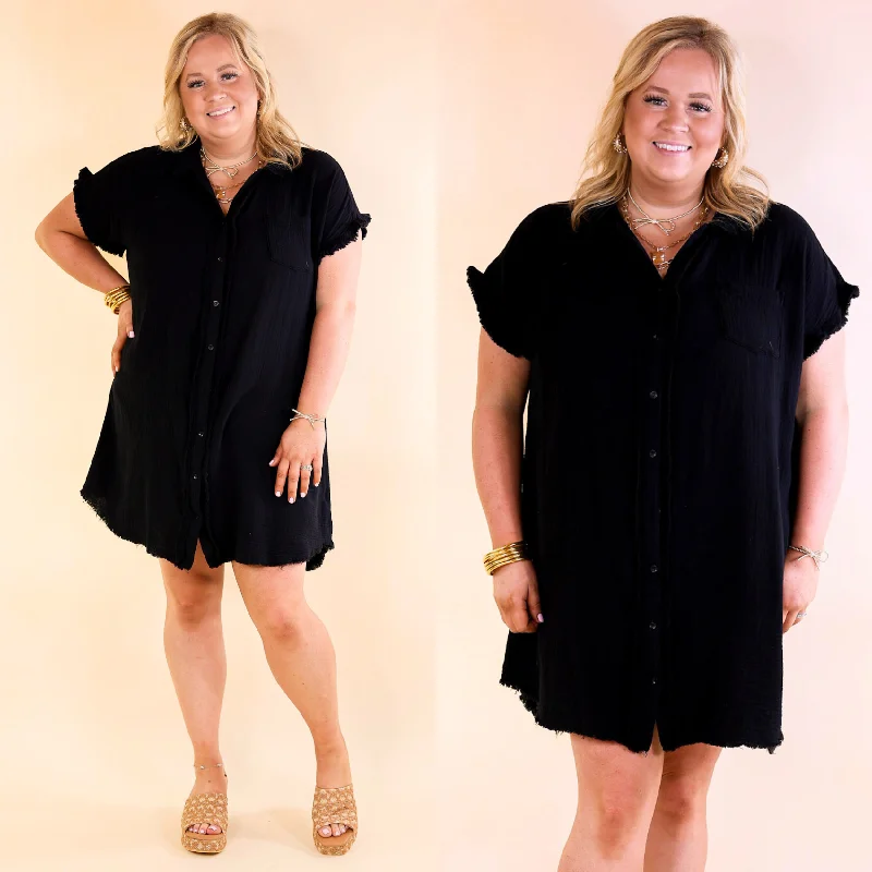 Mini dress with draped bodice-Spring Glow Button Up Raw Hem Dress in Black