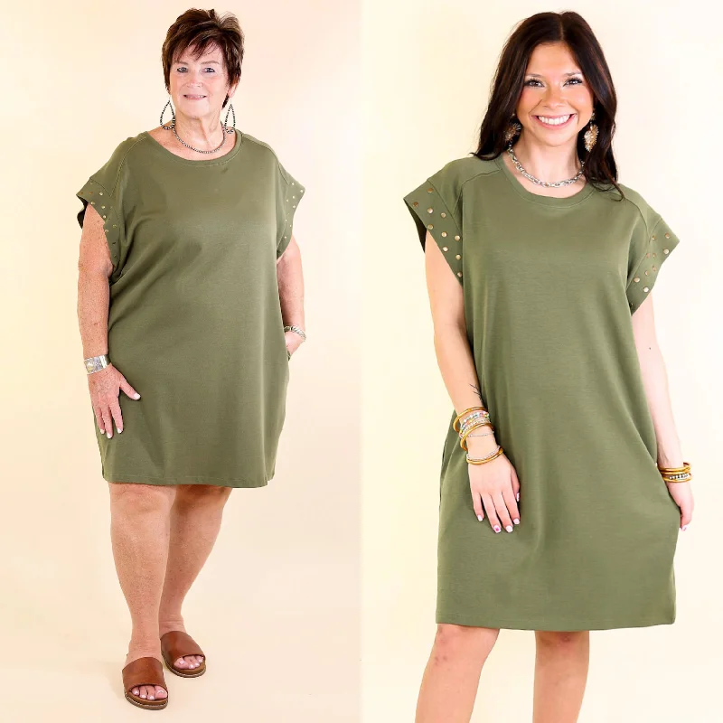 Mini dress with iridescent finish-Graceful Glimpse Dress with Gold Stud Detail in Olive Green