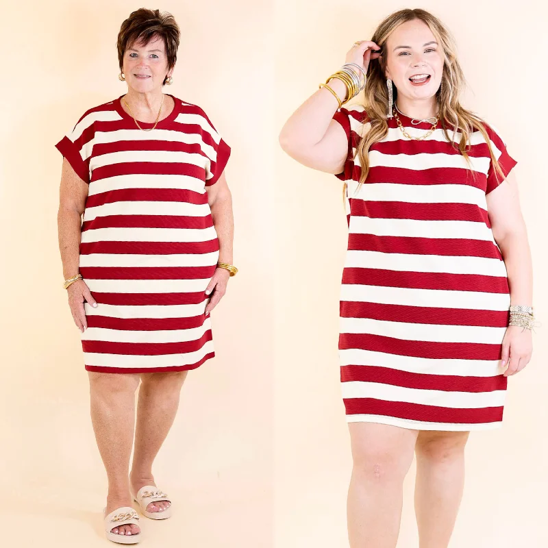 Mini dress with halter neck-Stripe it Simple Striped Dress with Cap Sleeves in Burgundy and Cream