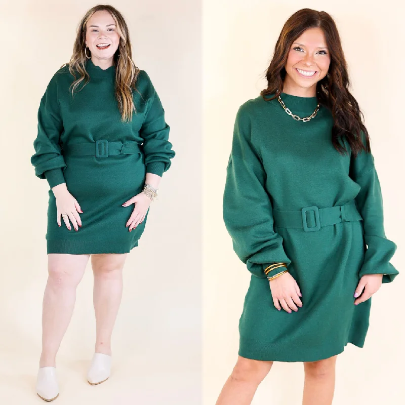 Mini dress for cocktail parties-Luxurious Life Sweater Dress with Belt in Hunter Green