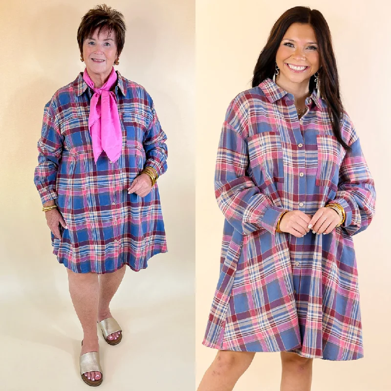 Mini dress with modern design-Vibrant Lifestyle Plaid Button Up Dress in Dusty Blue and Pink