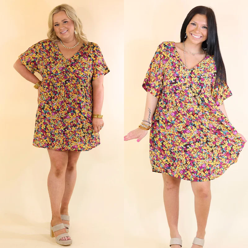 Mini dress with shimmer fabric-Fresh Blossoms Floral Print Babydoll Dress with V Neck in Brown