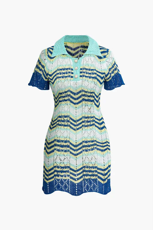 Mini dress with frilly details-Color Block Crochet Polo Collar Short Sleeve Mini Dress