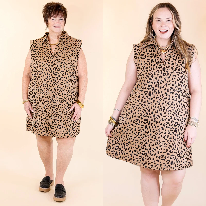 Mini dress with button front-Polished Perfection Cheetah Print Cap Sleeve Dress with Collar in Tan