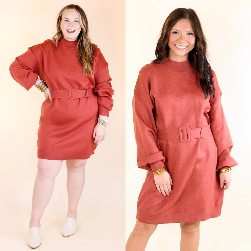 Mini dress with beaded details-Luxurious Life Sweater Dress with Belt in Rust Red