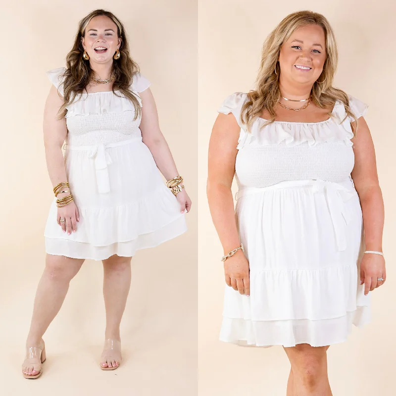 Mini dress for beach vacation-Feeling Refined Ruffle Tiered Dress with Smocked Bodice in White