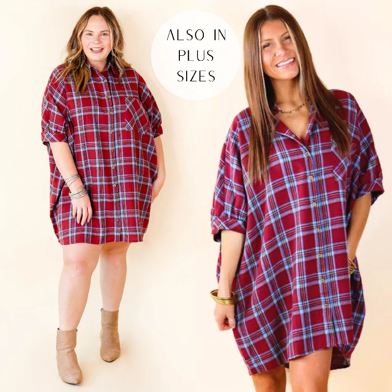 Mini dress with plunging neckline-Cozy And Kind Button Up Plaid Dress in Maroon