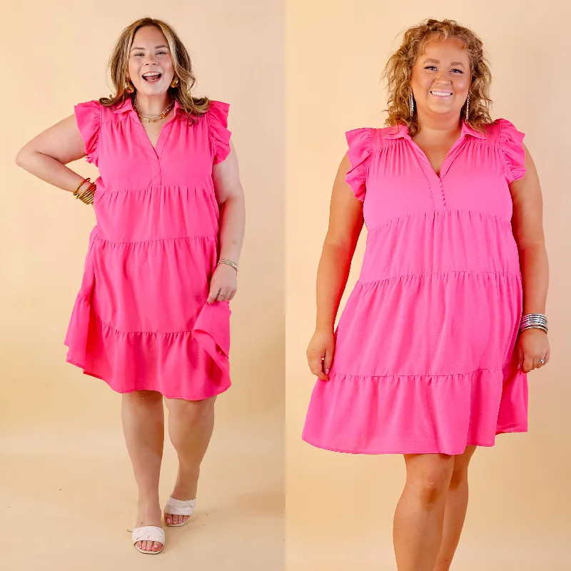 Mini dress with cold shoulder-Last Chance Size Medium, XL & 1XL | All Of A Sudden Ruffle Cap Sleeve Short Dress in Hot Pink