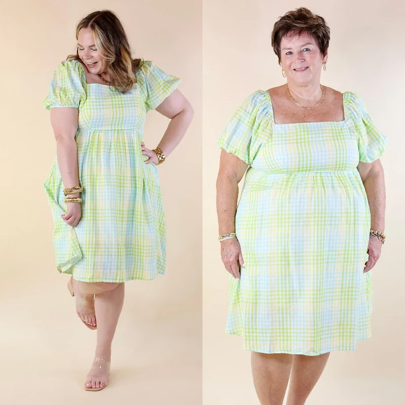 Mini dress with bow accents-Spring Serenity Plaid Dress with Balloon Sleeves in Green Mix