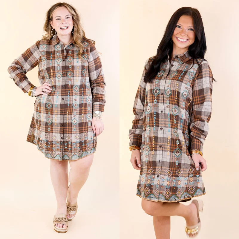 Mini dress with neon colors-Loving In Layers Tribal Embroidered Plaid Button Up Dress in Brown Mix