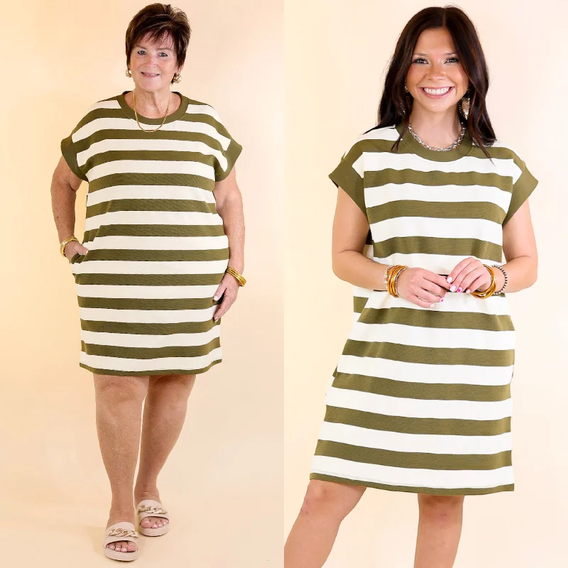 Mini dress with glitter accents-Stripe it Simple Striped Dress with Cap Sleeves in Olive Green and Cream