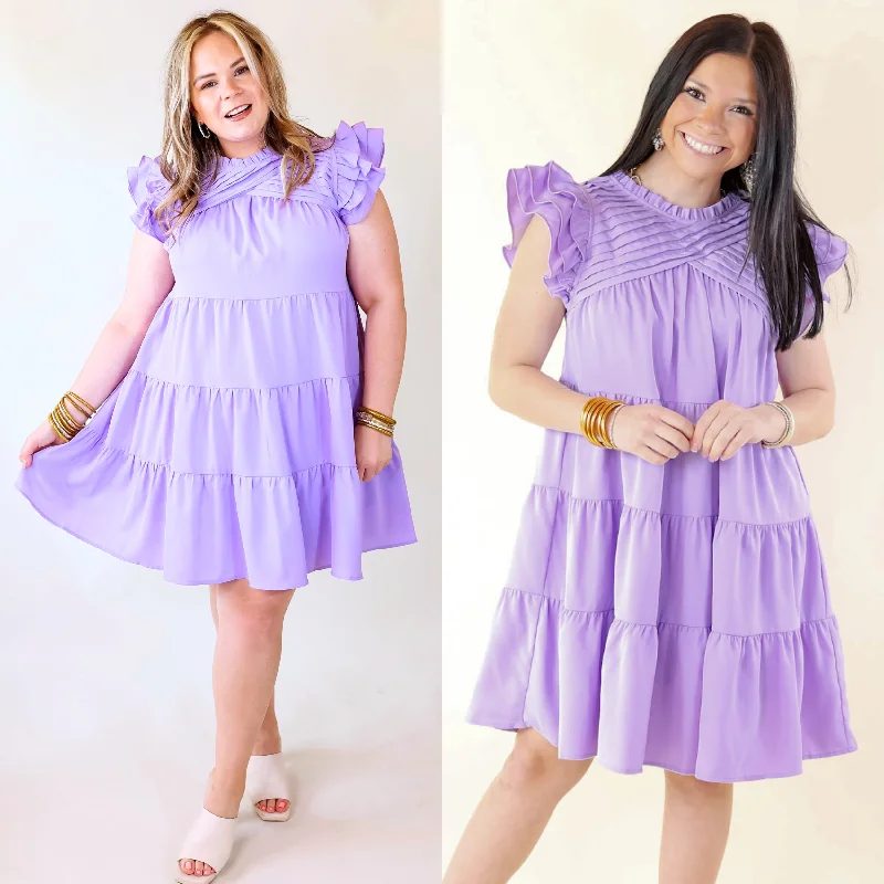 Mini dress with nautical theme-Chic On Scene Ruffle Tiered Dress with Pleated Detailing in Lavender Purple