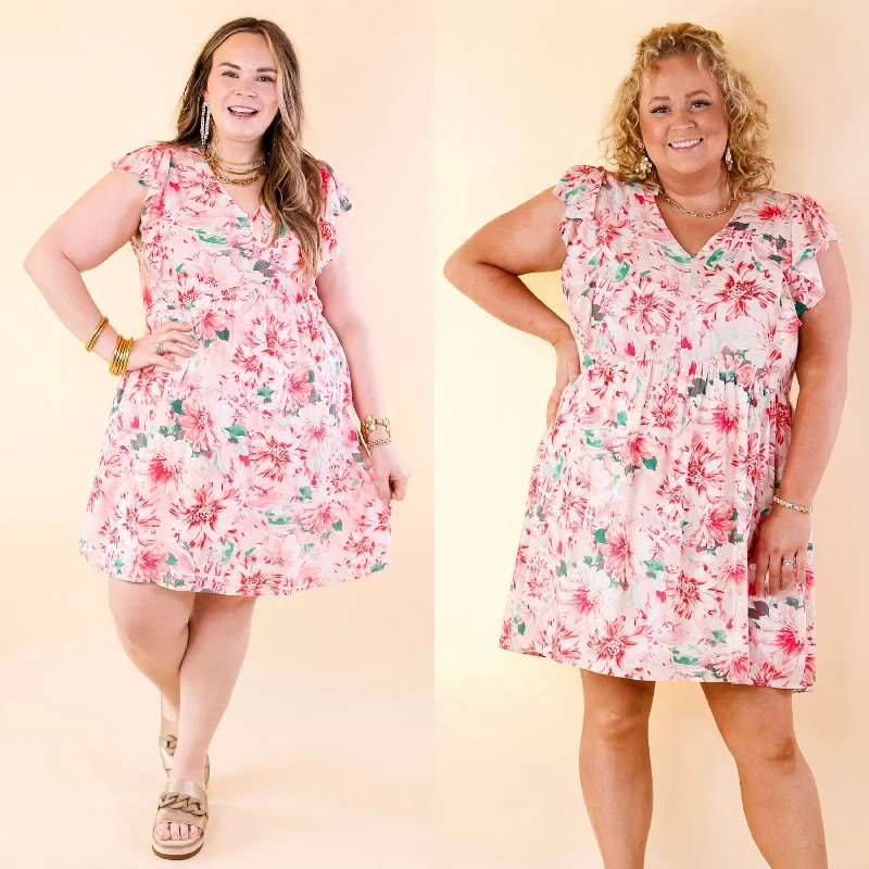 Mini dress with faux leather-Sunshine On My Mind Floral Ruffle Cap Sleeve Dress in Pink