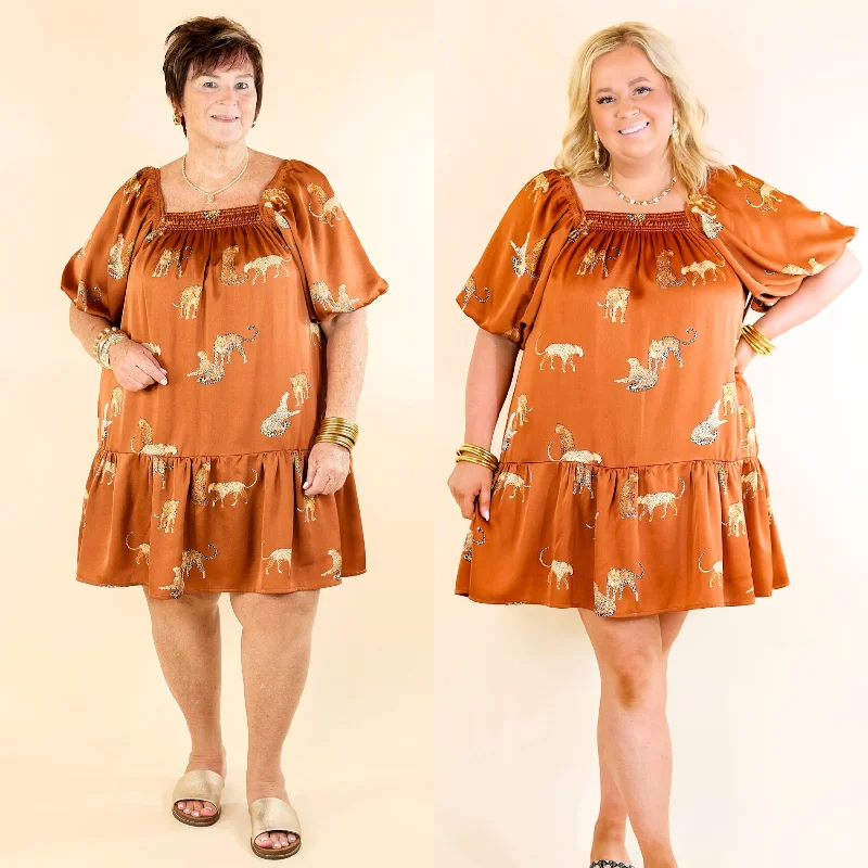 Mini dress with tropical print-Flirting For Fun Leopard Print Satin Midi Dress in Camel Brown