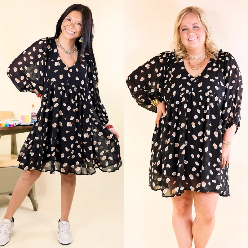 Mini dress with retro vibe-Highlight This Taupe and Ivory Dotted Dress in Black