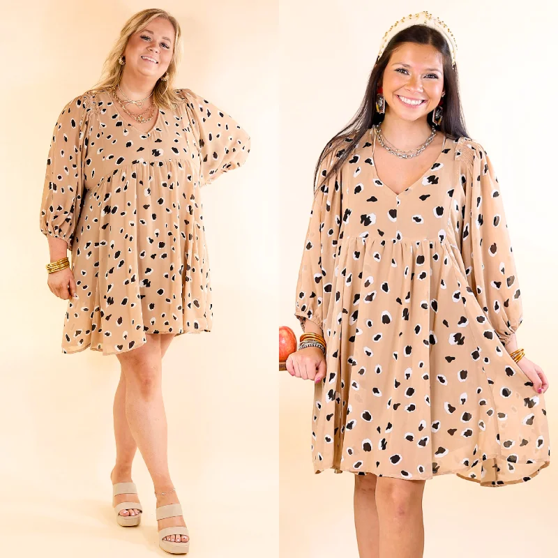 Mini dress with romantic style-Highlight This Black and Ivory Dotted Dress in Taupe