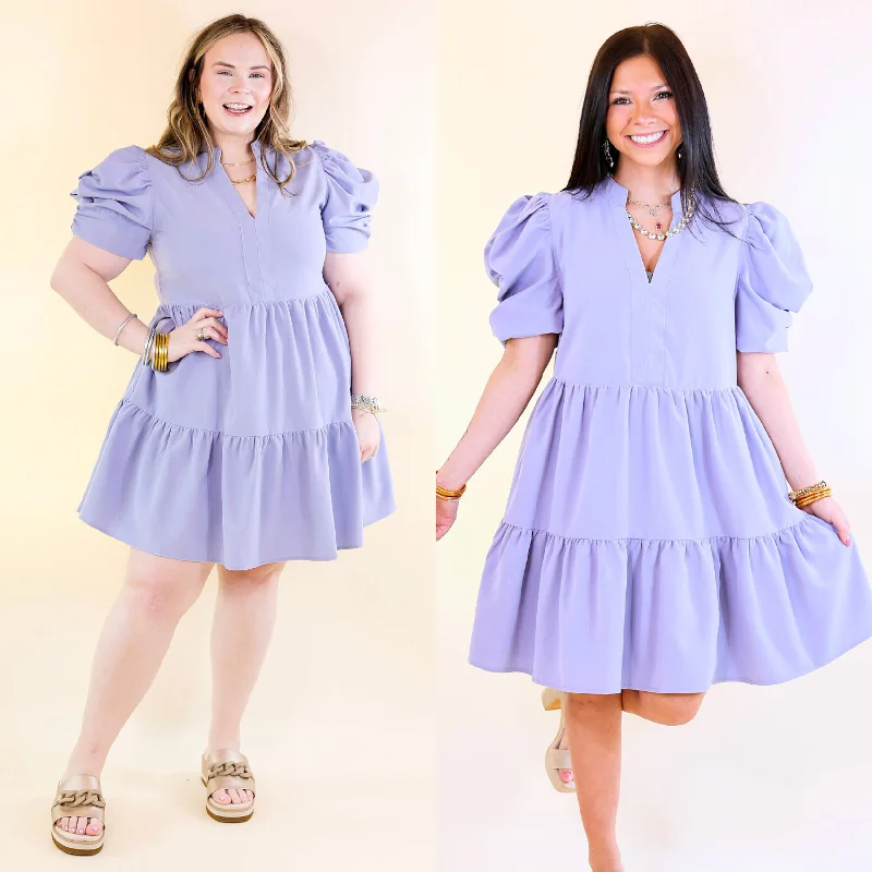 Mini dress with classic stripes-Call Me Chic Balloon Sleeve Short Dress in Chambray Blue