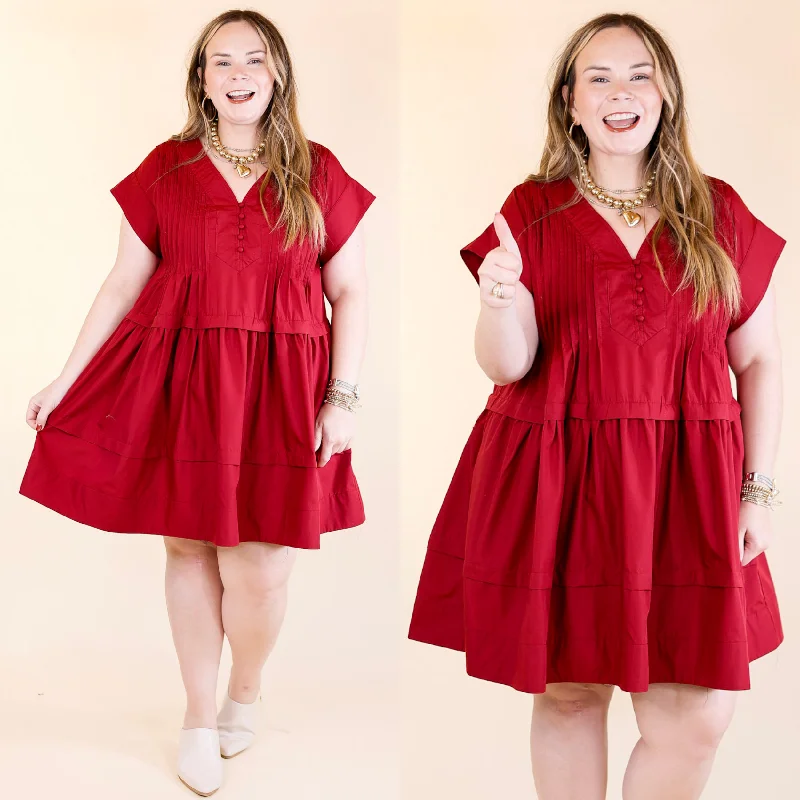 Mini dress with bold colors-Dainty Details Short Sleeve Dress with Pleated Detailing in Maroon