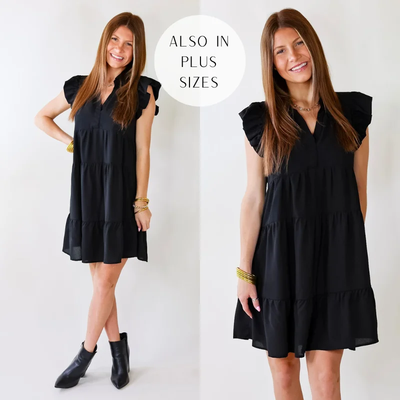 Mini dress with romantic style-All Of A Sudden Ruffle Cap Sleeve Short Dress in Black