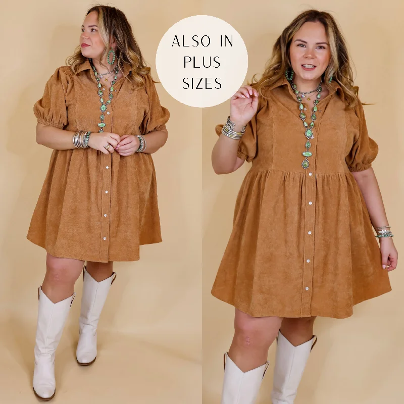 Mini dress with quilted design-Adventures Ahead Button Up Corduroy Babydoll Dress in Camel Brown