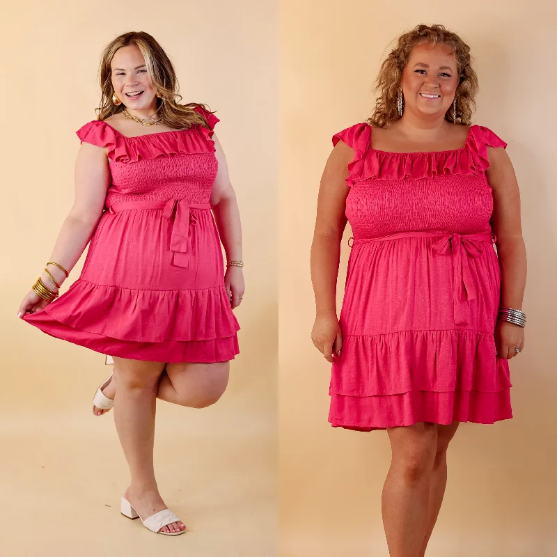 Mini dress with cool tones-Feeling Refined Ruffle Tiered Dress with Smocked Bodice in Hot Pink