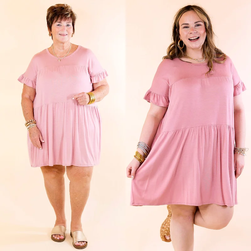 Mini dress for a night out-Gorgeous Girly Ruffle Sleeve Tiered Dress in Mauve Pink