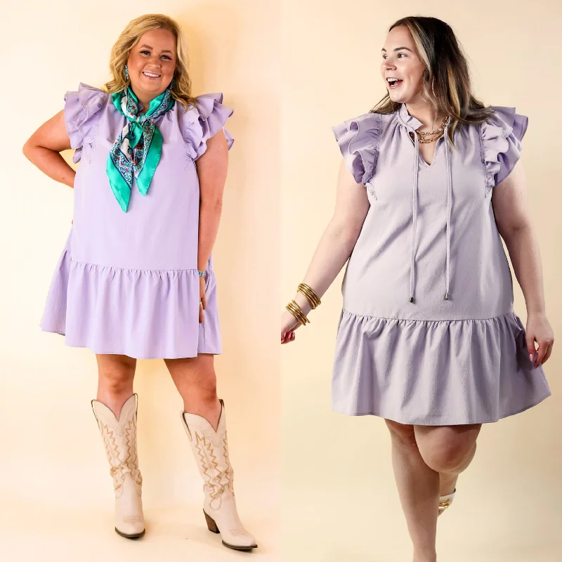 Mini dress with halter neck-Powerful Love Ruffle Cap Sleeve Dress with Keyhole and Tie Neckline in Lavender Purple