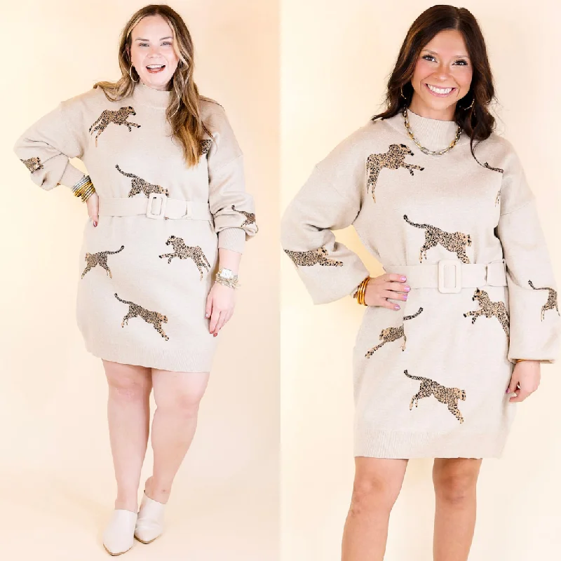 Mini dress with adjustable straps-Luxurious Life Animal Print Sweater Dress with Belt in Oatmeal Beige