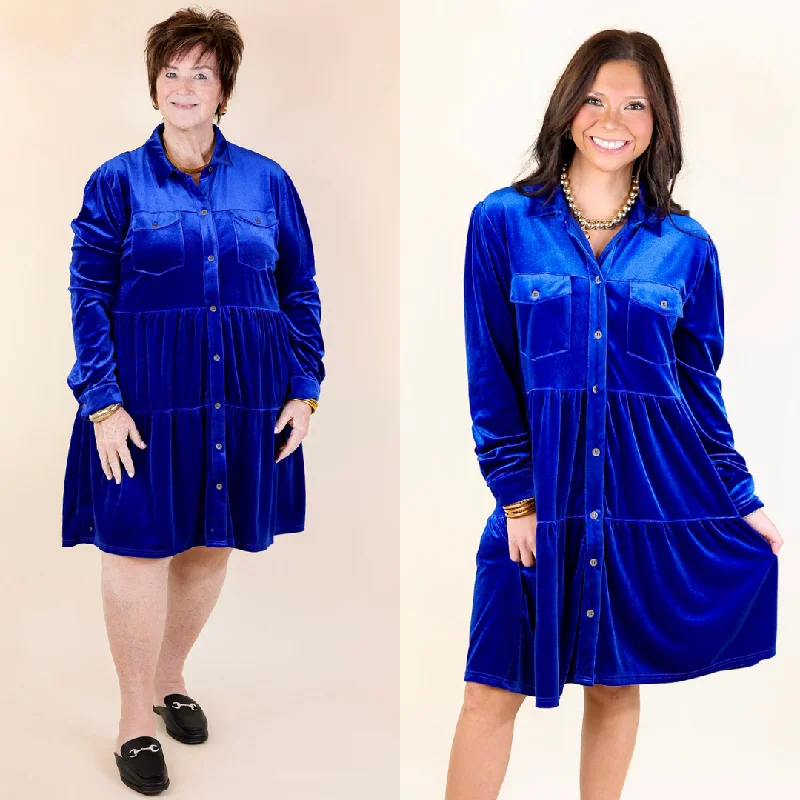 Mini dress with casual chic-Grateful Gathering Velvet Button Up Dress with Long Sleeves in Royal Blue