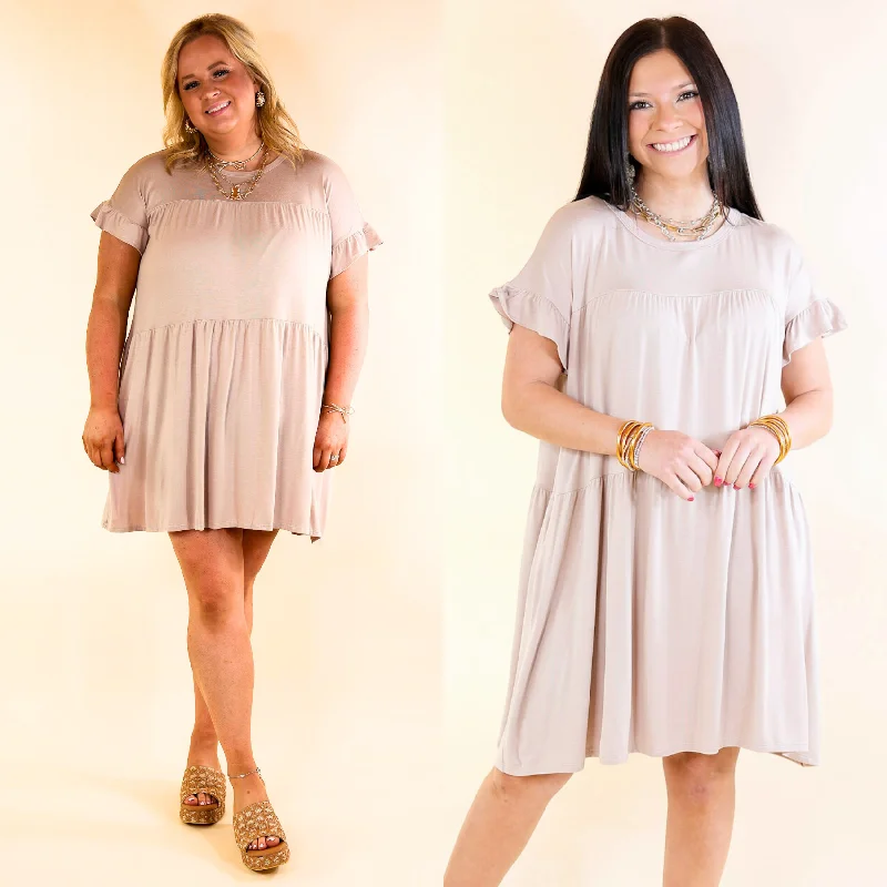 Mini dress with adjustable straps-Gorgeous Girly Ruffle Sleeve Tiered Dress in Taupe