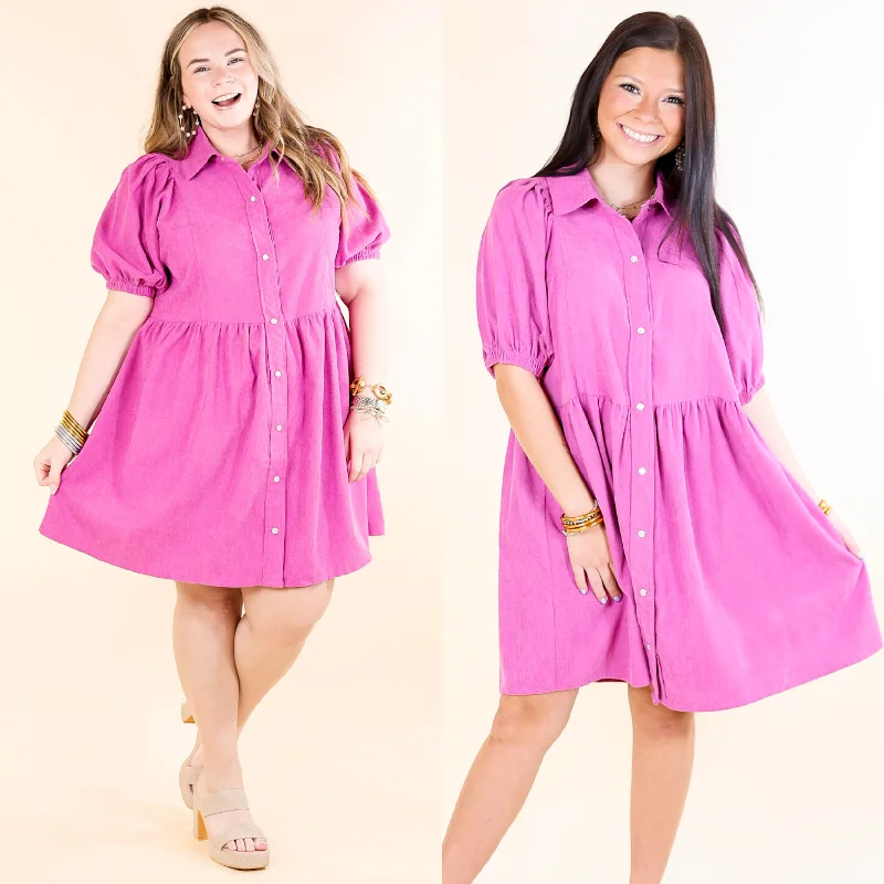 Mini dress with nautical theme-Adventures Ahead Button Up Corduroy Babydoll Dress in Magenta Pink Purple