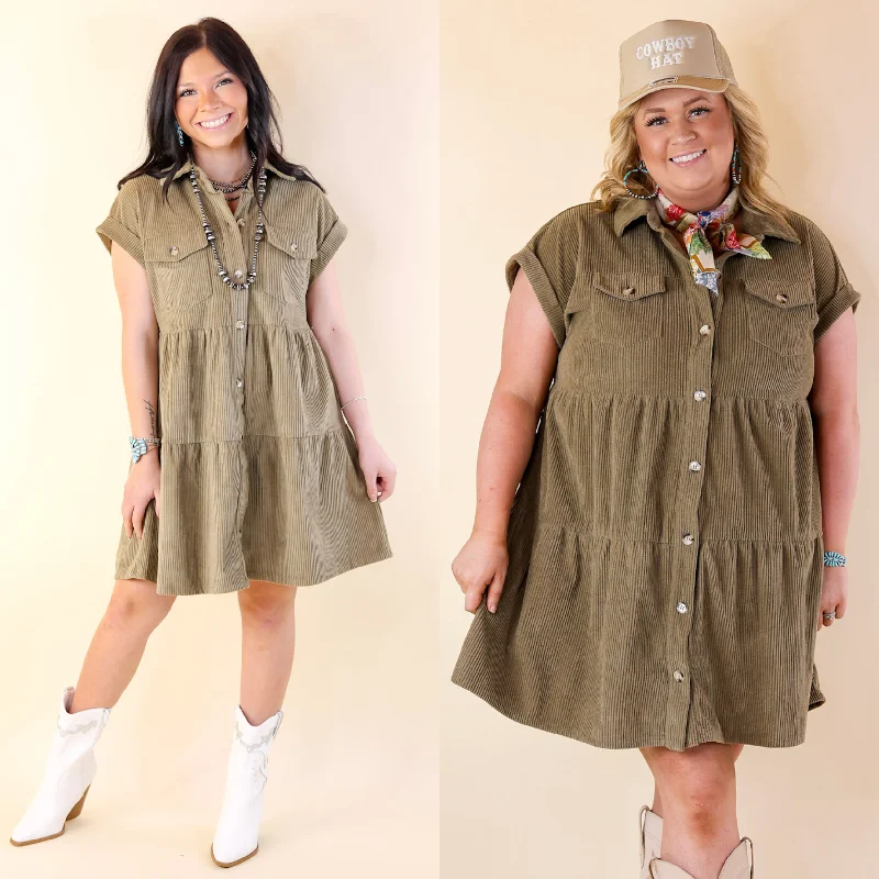 Mini dress with lace details-Latest Obsession Button Up Corduroy Dress in Olive Green