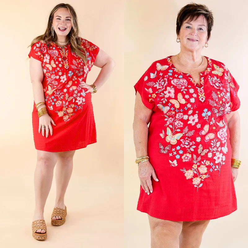 Mini dress with cap sleeves-Lovely Feeling Floral Embroidered Dress with a Notched Neckline in Red