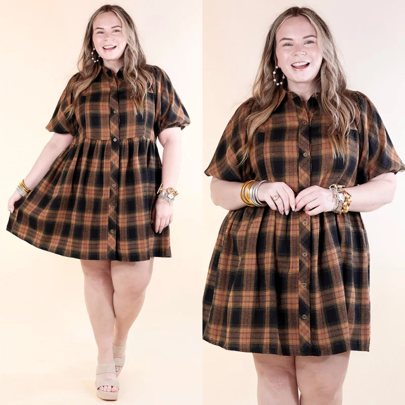 Mini dress with pleated skirt-Adventures Ahead Plaid Button Up Babydoll Dress in Camel Brown