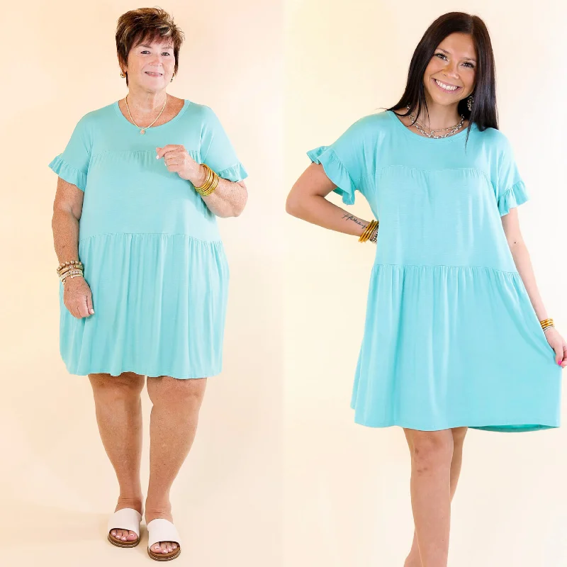 Casual mini dress for daytime-Gorgeous Girly Ruffle Sleeve Tiered Dress in Light Blue