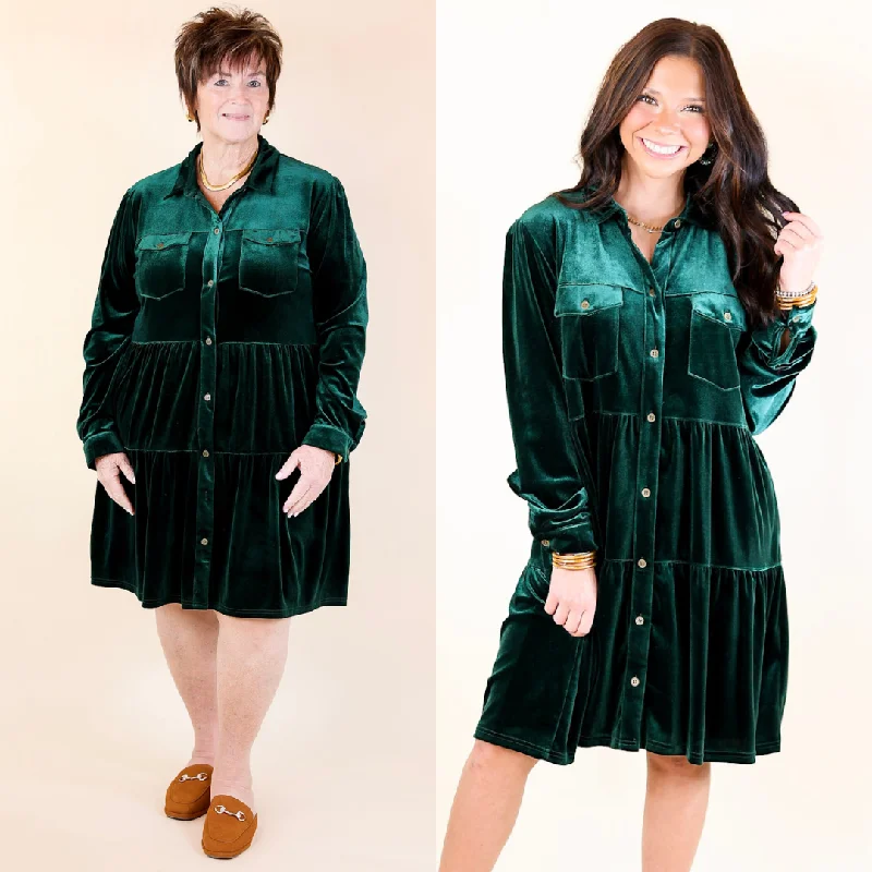 Mini dress with crochet details-Grateful Gathering Velvet Button Up Dress with Long Sleeves in Emerald Green