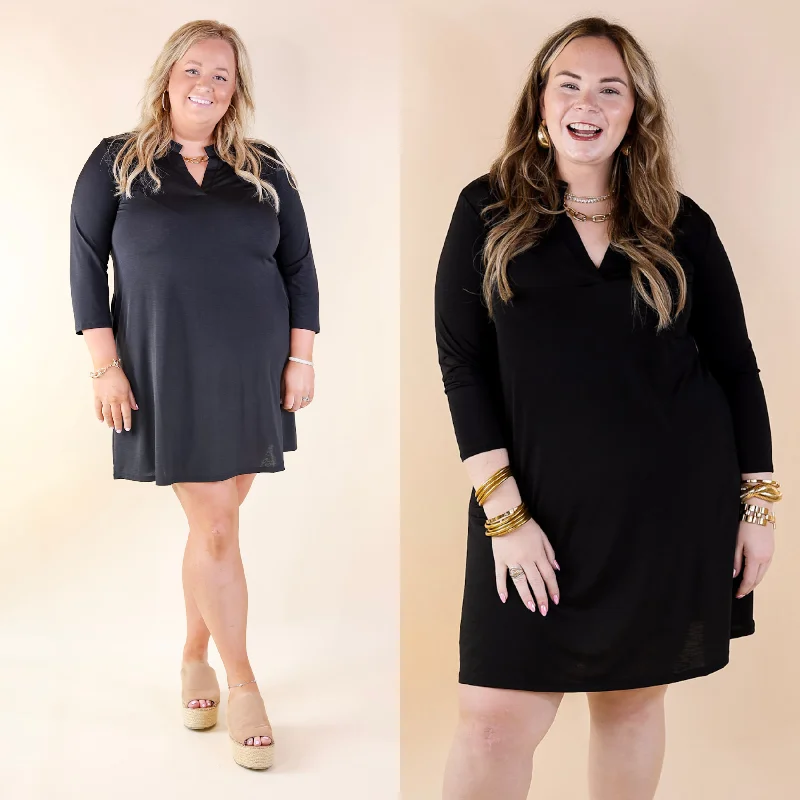 Mini dress with adjustable straps-Best Discovery 3/4 Sleeve Mandarin Collar Dress in Black